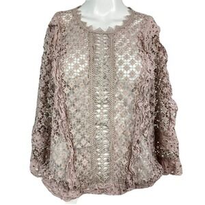 Cliche Sweater Sz M Smoky Taupe‎ Purple Open Knit Crochet Pullover Zip Neck Top